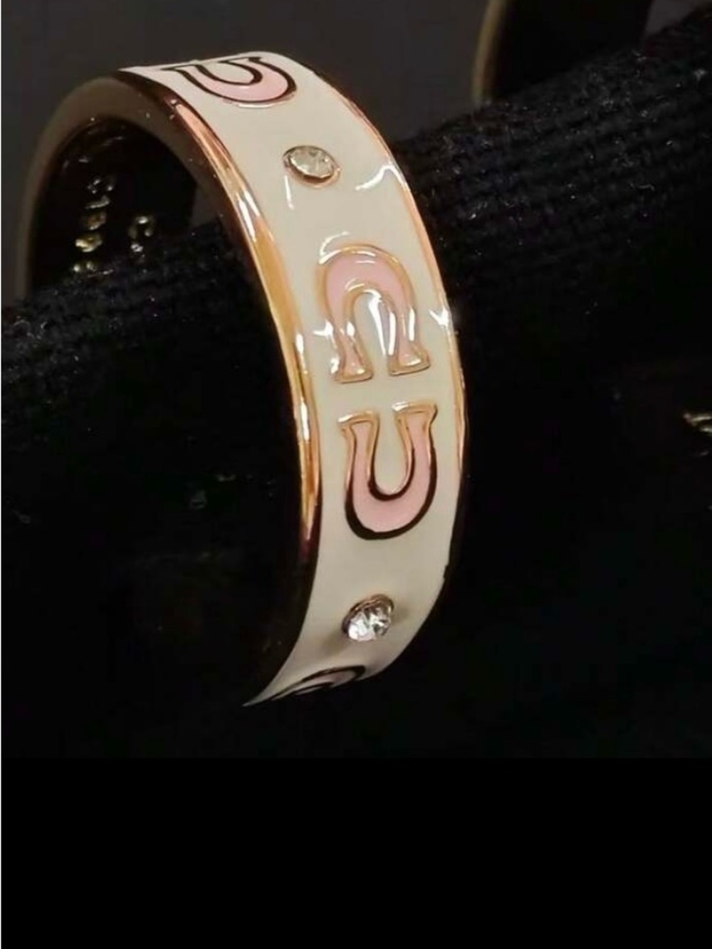 White and Pink Enamel Fashion CC Ring with Crystal Accents